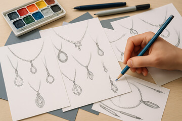 Jewelry design process with hand drawn necklace sketches and gemstones drafts showing creativity and craftsmanship in art studio
