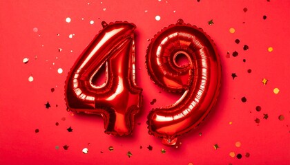 Red balloon number 49 with confetti on solid colored background. Photo for anniversary or birthday party
