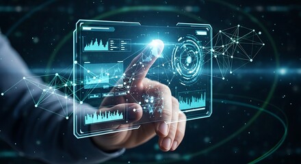 Futuristic digital interface interaction with glowing data visualizations