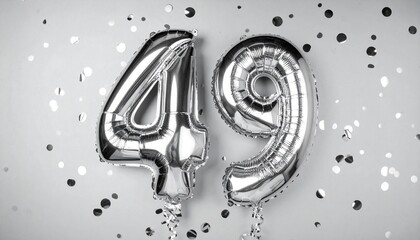 Silver balloon number 49 with confetti on solid colored background. Photo for anniversary or birthday party