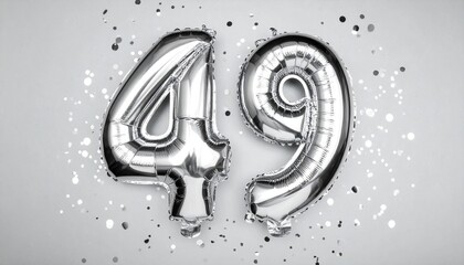 Silver balloon number 49 with confetti on solid colored background. Photo for anniversary or birthday party