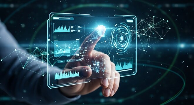 Futuristic digital interface interaction with glowing data visualizations