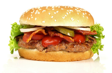 Hamburger with Bacon - Fast Food isolated  on white Background