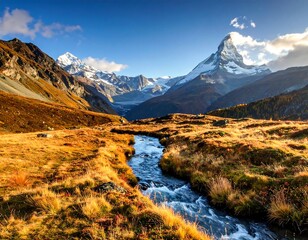 Fototapeta premium Matterhorn Peak and River Landscape in Zermatt, Switzerland.