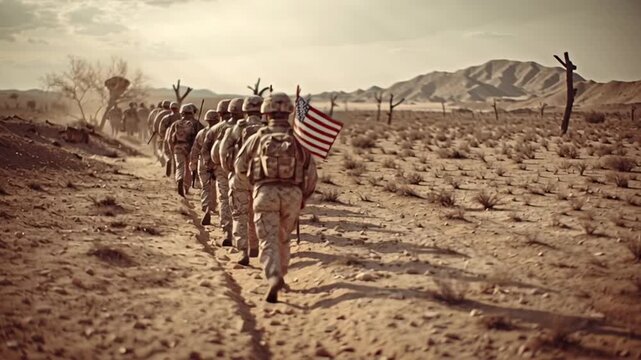 4k video of a USA soldier convoy marching.