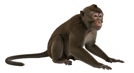 Isolated primate Macaca sitting with furry brown coat and long tail in studio shot