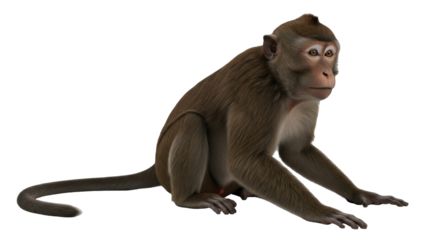 Isolated primate Macaca sitting with furry brown coat and long tail in studio shot