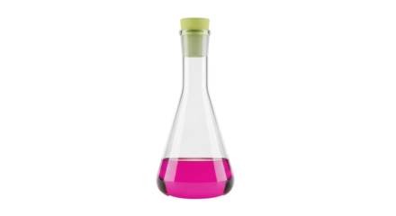 Isolated Erlenmeyer flask filled with pink liquid, laboratory glassware and equipment