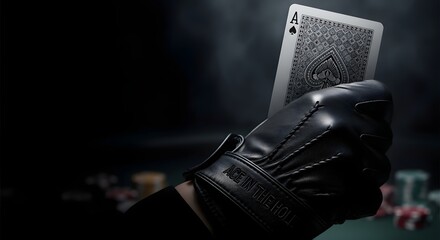 Ace of Spades in Hand, Black Leather Glove, Poker Game Concept, Gambling Risk, Strategy and Luck, for Casino Advertising