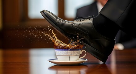 Stepping on teacup spilling tea, business failure, corporate sabotage, broken promises, high resolution, studio shot for editorial use