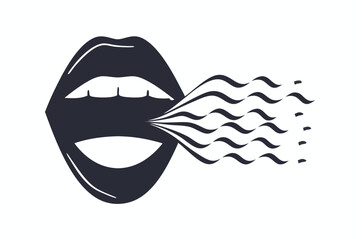 Dark lips articulate waves emanating outward depicting sound, speech, or communication on white background