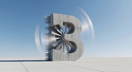 Concrete Letter B Turbine Engine Design, Industrial Symbol Against Blue Sky, Creative Engineering Concept for Aerospace Industry Visuals and Modern Branding