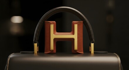 Luxury Handbag Detail, Leather and Gold H Logo, Close-up Shot, Dark Background, High Resolution, Sophisticated Style for Fashion Brand Advertising