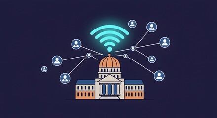 Government Wifi Network Connecting People, Illustration of Digital Democracy, Online Public Services, Civic Engagement, and Global Communications for Website Header