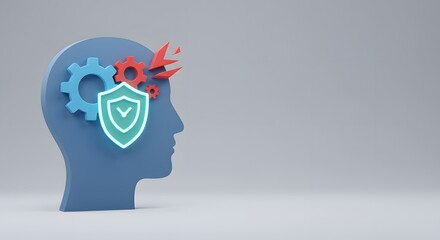 Human Head with Gears and Shield Concept, Security System, Data Protection, Cybersecurity in Studio Shot, Artificial Intelligence for Website Banner