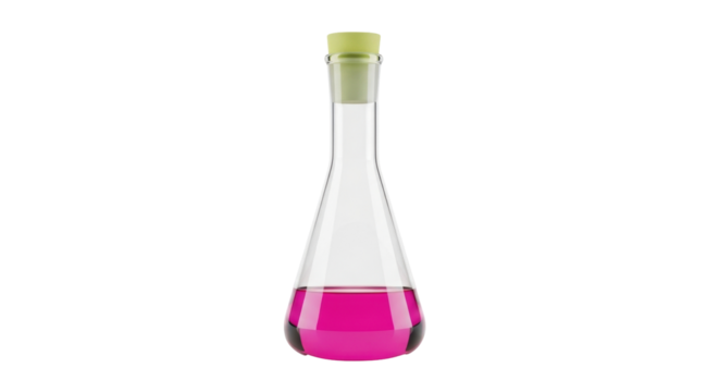 Isolated Erlenmeyer flask filled with pink liquid, laboratory glassware and equipment