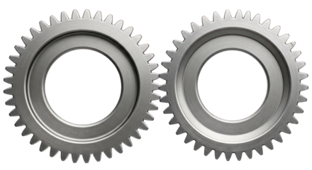 Two interlocking metallic gears on a black background, angled slightly left