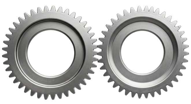 Two interlocking metallic gears on a black background, angled slightly left