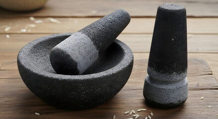 A traditional gray stone mortar and two pestles rest on a rustic wooden table with scattered rice grains