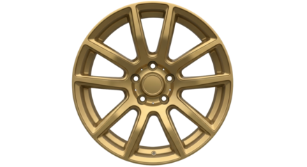 Isolated gold alloy wheel with 10 spokes for performance automobiles and modern vehicles