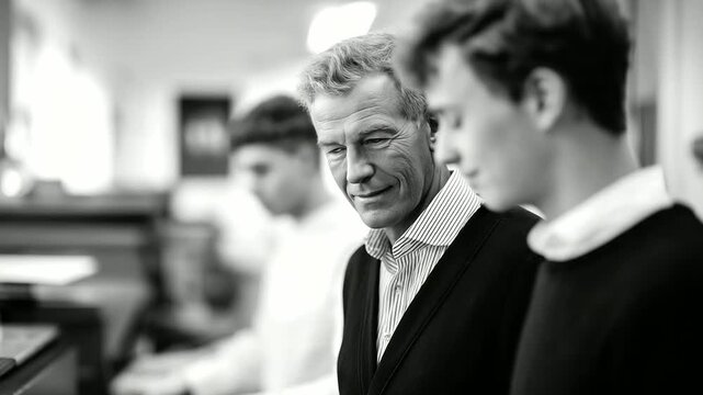 elderly artist guiding youth through printing press operation industrial sound creative apprenticeship authentic learning three quarter wide angle cinematic color correction gent