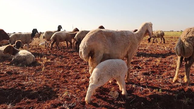Awassi lamb suckling from its ewe among a flock of sheep grazing in a sunny natural pasture. This organic free-range farming scene highlights animal welfare and sustainable livestock care.
