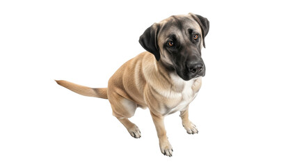 Obraz premium Isolated dog sits patiently, adorable friendly pet looking at the camera on seamless background