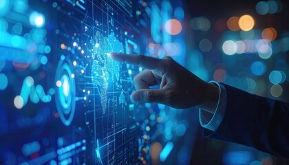 Close up of a human hand touching a futuristic digital interface with glowing blue data visualizations and charts in a dark city background with bokeh lights