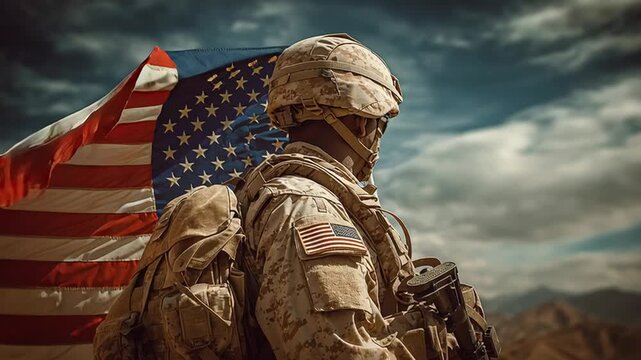 4k video of an USA soldier holding a USA flag. Concept of Veteran's Day.