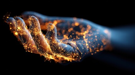 Golden Dot-Line Tech Hand: Futuristic Interaction Scene