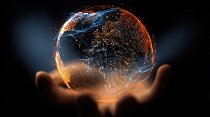 Hand Holding Orange-Blue Glowing Tech Earth: Global Network Interaction Scene