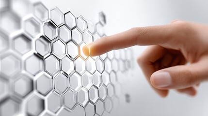 Finger Touching Glowing Hexagon Structure: Tech Interaction Scene