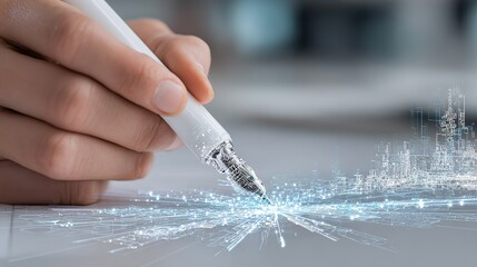 White Pen Drawing Tech City Network: Futuristic City Scene