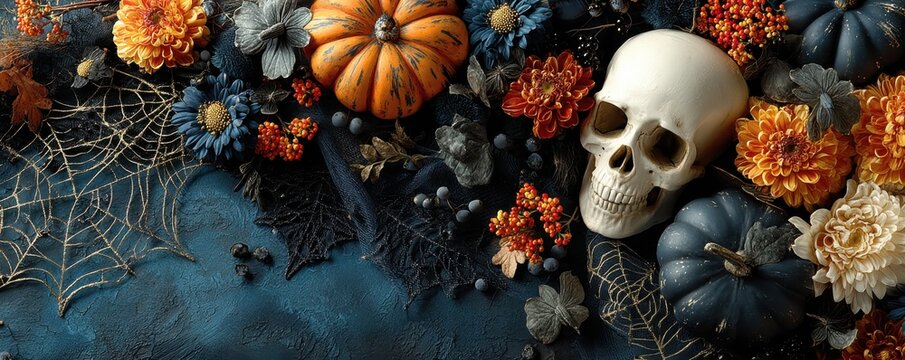 Halloween-themed arrangement with skull, pumpkins, flowers, and spiderwebs on dark background
