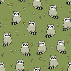 Vector seamless repeating childish pattern with cute raccoon in doodle style. Animals background for invitation, poster, card, flyer, textile, fabric.