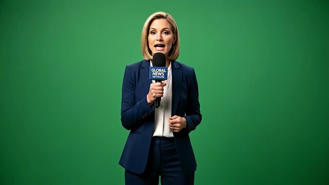 Confident female news anchor presenting on a green screen setup, ideal for an undefined digital broadcast or dynamic content