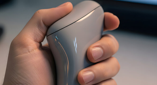 A close-up shot of a person's hand holding a modern gray ergonomic vertical computer mouse for better wrist posture