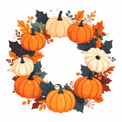 Illustrated Autumn Wreath with Orange and White Pumpkins Fall Leaves and Berries.