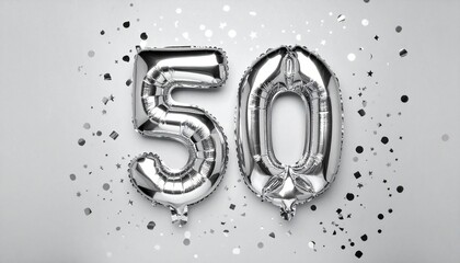 Silver balloon number 50 with confetti on solid colored background. Photo for anniversary or birthday party