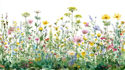 Colorful wildflowers bloom in a meadow under a bright sky.