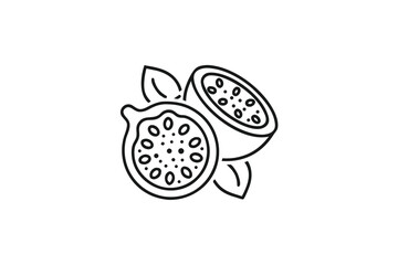 depiction shows sliced passion fruit with leaves in a minimal design