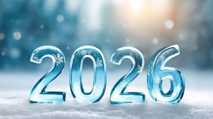 Glowing ice-carved 2026 numbers for new year celebration design and winter theme decor