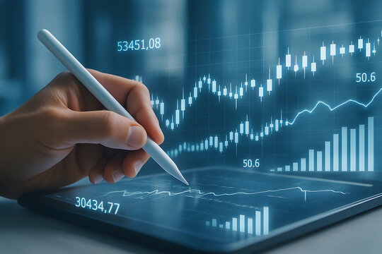 Business growth analytics with hand using stylus on tablet showing stock trading chart lines economic performance and financial investment data