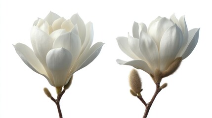 Two white magnolia blossoms and one bud emerge on delicate stems.