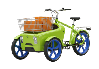 Isolated modern electric tricycle, lime-green delivery bike with orange boxes, no background