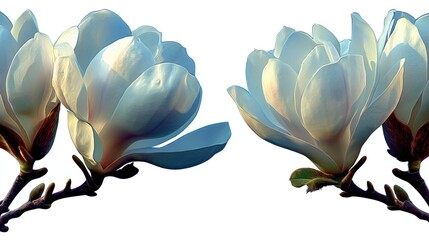 Delicate white magnolia blossoms on branches with buds against a white background.