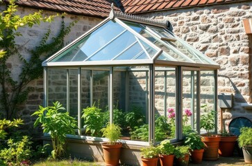 A small glass greenhouse with slanted roof near a cottage wall, herbs and vegetable seedlings visible inside, with potted plants arranged outside. Generative AI