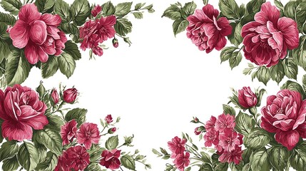 Blooming pink roses with green leaves frame a white background.