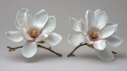 Two delicate white magnolia blossoms with visible stamens on branches.