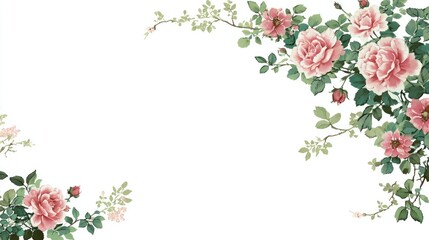 Delicate pink roses with green leaves form a decorative border.